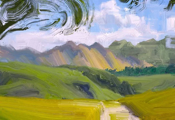 Illustration Peinture Huile Paysage Art Région Montagneuse Rurale Champ Vert — Photo