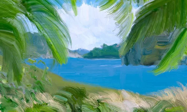 Desenho Paisagem Marinha Com Guache Tintas Acrílicas — Fotografia de Stock