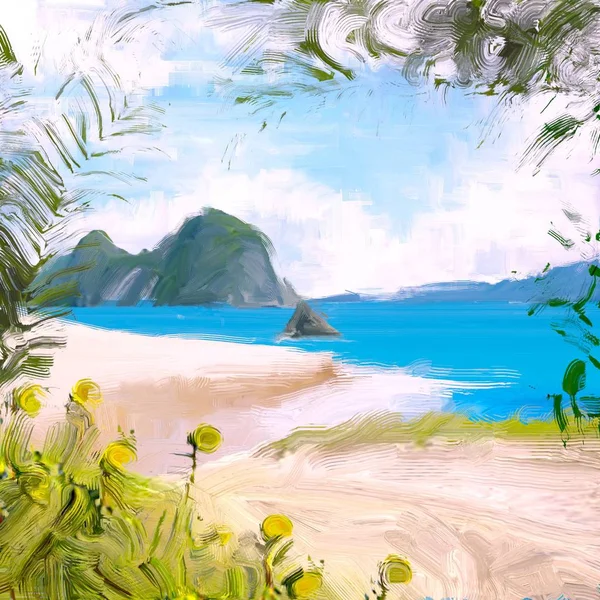 Dibujo Paisaje Marino Con Gouache Pinturas Acrílicas — Foto de Stock