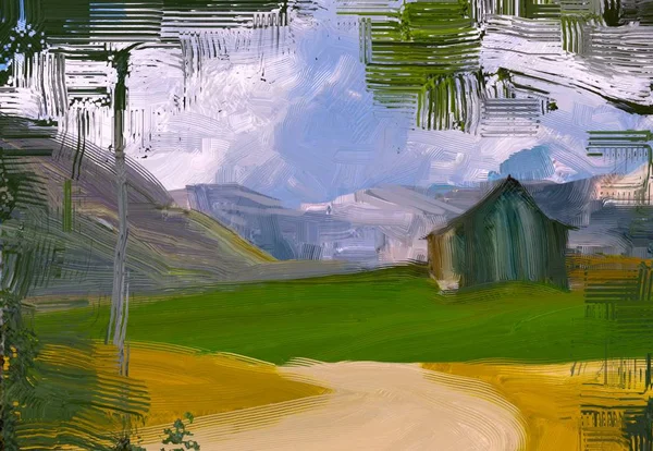 Illustration Peinture Huile Paysage Art Région Montagneuse Rurale Champ Vert — Photo