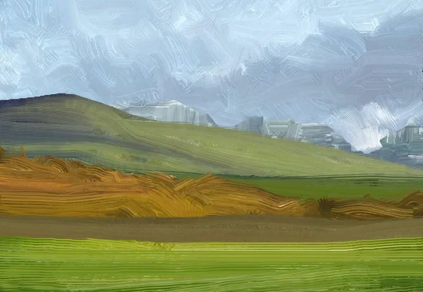 Colorful Green Countryside Field Grass Summer Time Illustration Oil Painting — Stock Photo, Image
