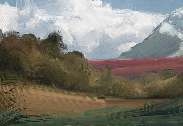 Illustrazione Pittura Olio Arte Paesaggistica Regione Rurale Montagna Campo Verde — Foto Stock