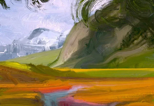 Ilustracji Malarstwo Olejowe Sztuki Krajobrazu Wiejskiego Regionu Górskiego Kolorowe Zielone — Zdjęcie stockowe