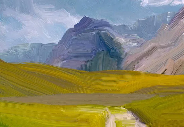 Illustrazione Pittura Olio Arte Paesaggistica Regione Rurale Montagna Campo Verde — Foto Stock