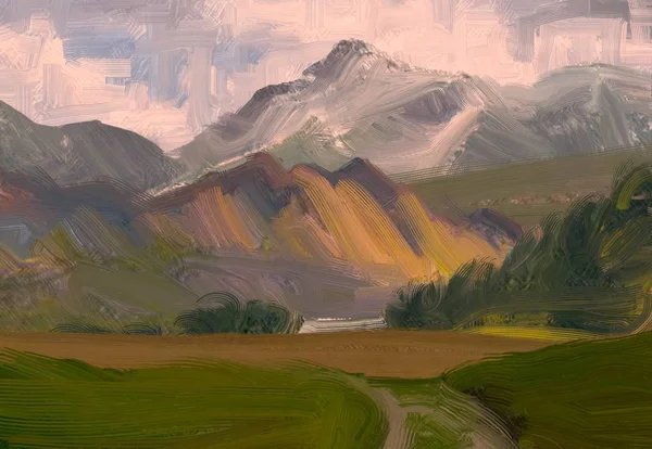 Ilustração Pintura Óleo Arte Paisagem Região Montanhosa Rural Campo Rural — Fotografia de Stock