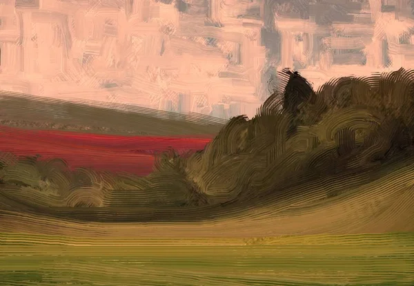 Illustrazione Pittura Olio Arte Paesaggistica Regione Rurale Montagna Campo Verde — Foto Stock