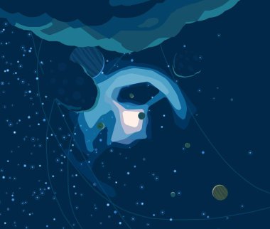 2d illüstrasyon. Karikatür çizmek tarzı. Derin yıldızlararası uzay. Yıldızlar, gezegenler ve uydular. Çeşitli bilim kurgu yaratıcı fon. Uzay sanatı. Hayali kozmik arka plan. Gezegenler ve Uydular.