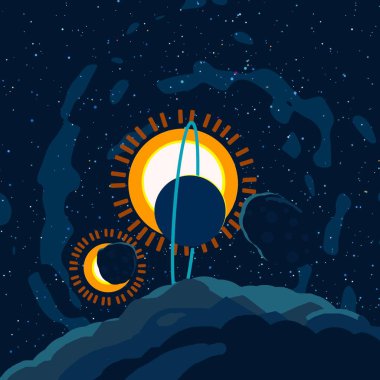 2D çizim. Çizgi film arkaplan resmi. Derin geniş uzay. Yıldızlar, gezegenler ve uydular. Çeşitli bilim kurgu yaratıcı arka planlar. Uzay sanatı. Yabancı gezegenler.