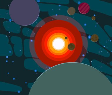 2D çizim. Çizgi film görüntüsü. Derin yıldızlar arası uzay. Yıldızlar, gezegenler ve uydular. Çeşitli bilim kurgu yaratıcı arka planlar. Uzay sanatı. Hayali kozmik fon. Gezegenler ve Aylar..