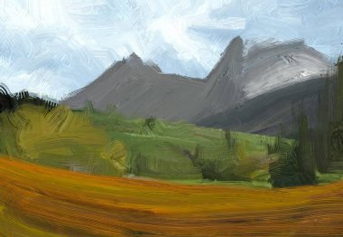 Renkli yeşil kırsal alan ve çim. Yaz zamanı. 2d illüstrasyon. Yağlıboya manzara sanatı. Kırsal dağlık bölge.