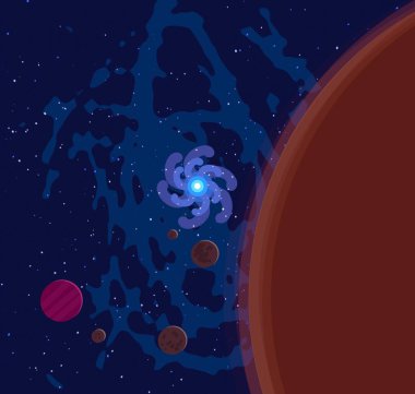 2d illüstrasyon. Karikatür stil boşluk resmi çizin. Derin geniş alan. Yıldızlar, gezegenler ve uydular. Çeşitli bilim kurgu yaratıcı fon. Uzay sanatı. Uzaylı güneş sistemleri. Gezegenler ve Uydular.