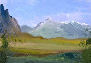 2d illüstrasyon. Yağlıboya manzara sanatı. Kırsal dağlık bölge. Renkli yeşil kırsal alan ve çim. Yaz saati.