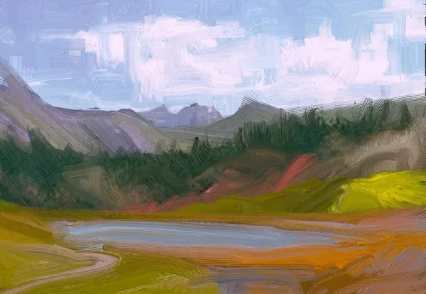 Ilustração Pintura Óleo Arte Paisagem Região Montanhosa Rural Campo Verde — Fotografia de Stock