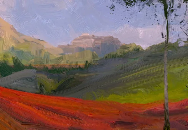Illustrazione Pittura Olio Arte Paesaggistica Regione Rurale Montagna Colorato Campo — Foto Stock