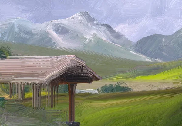 Illustration Oil Painting Landscape Art Rural Mountain Region Colorful Green — Stock Photo, Image