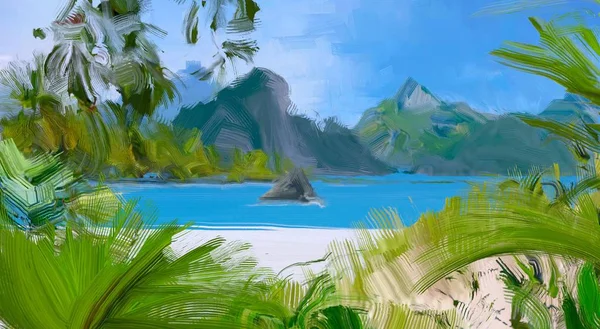 Dibujo Paisaje Marino Con Gouache Pinturas Acrílicas —  Fotos de Stock