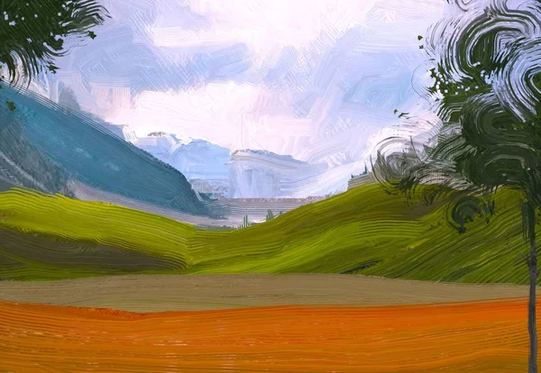 Ilustração Pintura Óleo Arte Paisagem Região Montanhosa Rural Campo Verde — Fotografia de Stock