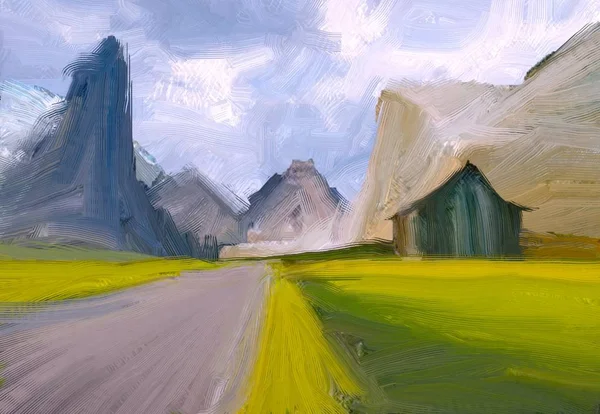 Ilustração Pintura Óleo Arte Paisagem Região Montanhosa Rural Campo Verde — Fotografia de Stock