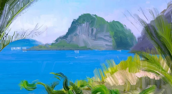 Dibujo Paisaje Marino Con Gouache Pinturas Acrílicas — Foto de Stock