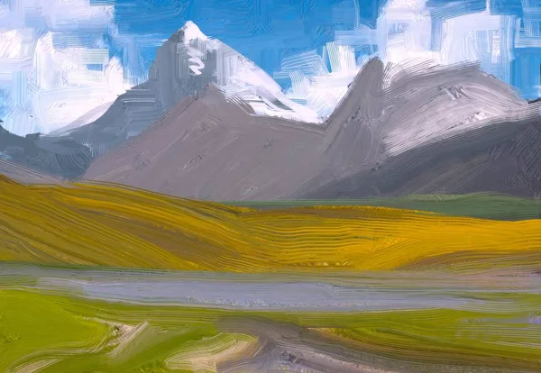 Illustration Oil Painting Landscape Art Rural Mountain Region Colorful Green — Stock Photo, Image