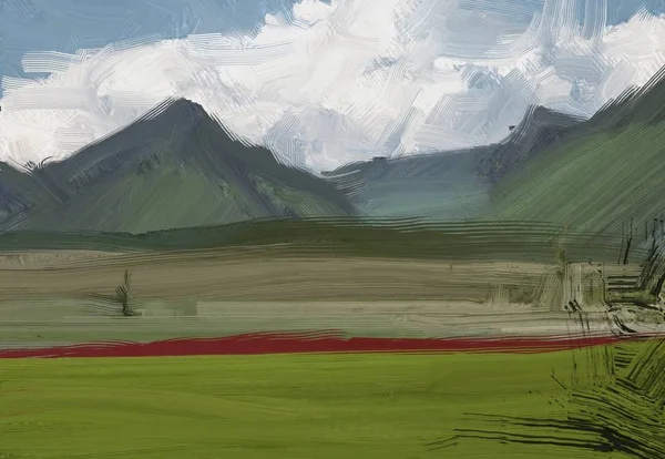 Colorato Campo Campagna Verde Erba Ora Legale Illustrazione Pittura Olio — Foto Stock