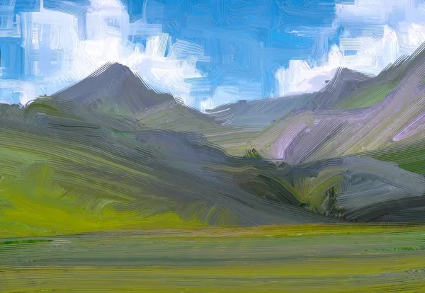 Illustration Oil Painting Landscape Art Rural Mountain Region Colorful Green — Stock Photo, Image