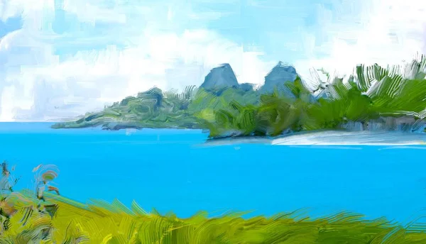 Dibujo Paisaje Marino Con Gouache Pinturas Acrílicas — Foto de Stock