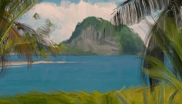 Dibujo Paisaje Marino Con Gouache Pinturas Acrílicas —  Fotos de Stock