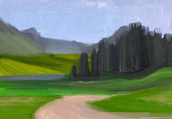 Illustrazione Pittura Olio Arte Paesaggistica Regione Rurale Montagna Campo Verde — Foto Stock