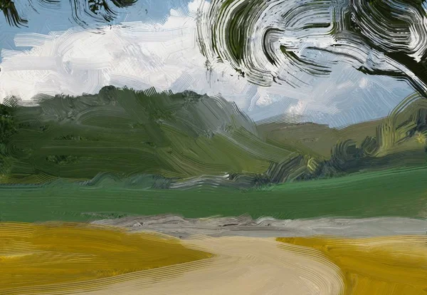 Різнокольорове Зелене Сільське Поле Трава Літній Час Ілюстрація Олійний Живопис — стокове фото
