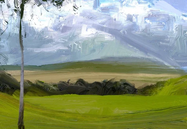 Illustrazione Pittura Olio Arte Paesaggistica Regione Rurale Montagna Campo Verde — Foto Stock