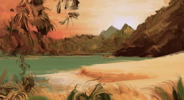 背景的日落中的热带海滩 — 图库照片