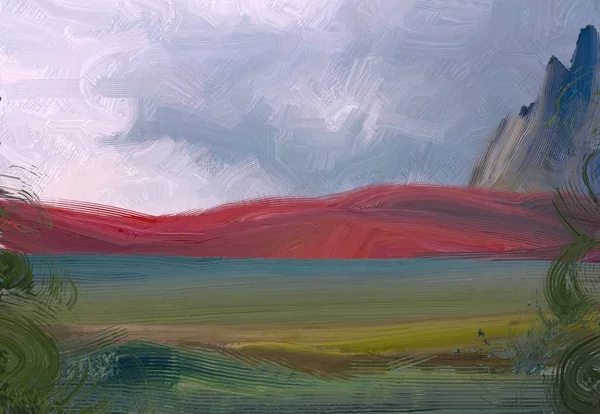 Εικονογράφηση Τέχνη Τοπίου Ελαιογραφία Αγροτική Ορεινή Περιοχή Πολύχρωμο Καταπράσινο Τοπίο — Φωτογραφία Αρχείου