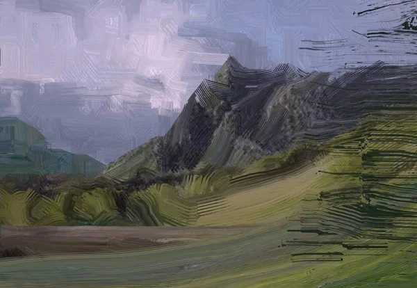 Illustrazione Pittura Olio Arte Paesaggistica Regione Rurale Montagna Campo Verde — Foto Stock