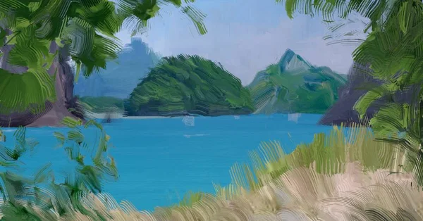 Dibujo Paisaje Marino Con Gouache Pinturas Acrílicas — Foto de Stock