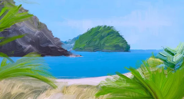 Dibujo Paisaje Marino Con Gouache Pinturas Acrílicas — Foto de Stock