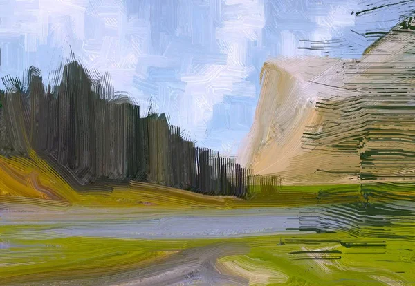 Illustration Peinture Huile Paysage Art Région Montagneuse Rurale Champ Vert — Photo