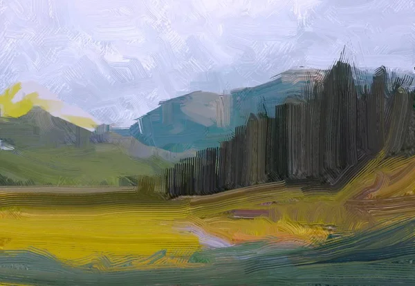 Ilustração Pintura Óleo Arte Paisagem Região Montanhosa Rural Campo Verde — Fotografia de Stock