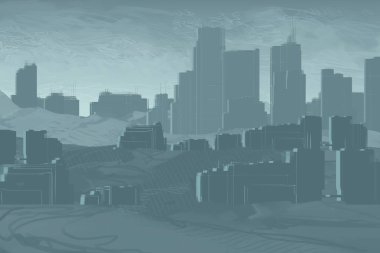 2d illüstrasyon. Gökdelen şehir metropol. Dijital sanat. El yapımı dijital boyama.