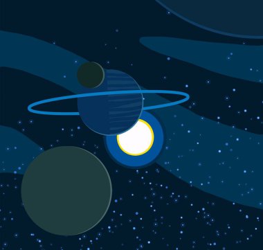 2d illüstrasyon. Karikatür stil boşluk resmi çizin. Derin geniş alan. Yıldızlar, gezegenler ve uydular. Çeşitli bilim kurgu yaratıcı fon. Uzay sanatı. Uzaylı güneş sistemleri. Gezegenler ve Uydular.