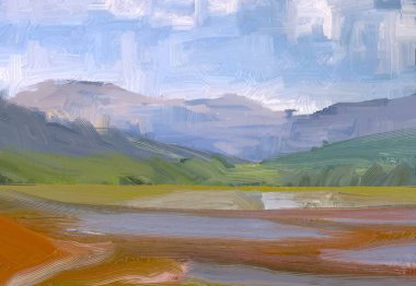 2d illüstrasyon. Yağlıboya manzara sanatı. Kırsal dağlık bölge. Renkli yeşil alan ve çimen. Yaz zamanı. Kırsal.