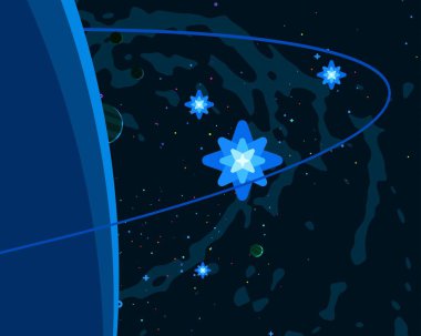 Derin yıldızlararası uzay. Yıldızlar, gezegenler ve uydular. Çeşitli bilim kurgu yaratıcı fon. Uzay sanatı. Hayali kozmik fon.