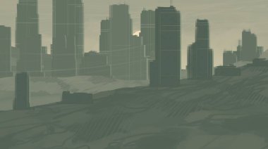 2d illüstrasyon. Gökdelen fütüristik şehir metropol. Dijital sanat. El yapımı dijital boyama.