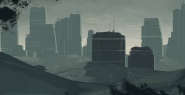 2d illüstrasyon. Gökdelen şehir metropol. Dijital sanat. El yapımı dijital boyama.   