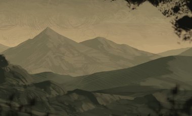 2d illüstrasyon. Vahşi dağlar. Dijital sanat. El yapımı dijital boyama.