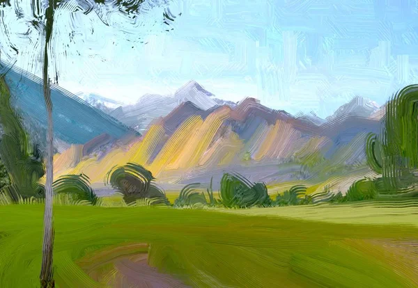 Ilustración Pintura Óleo Arte Paisajístico Región Montañosa Rural Campo Verde —  Fotos de Stock