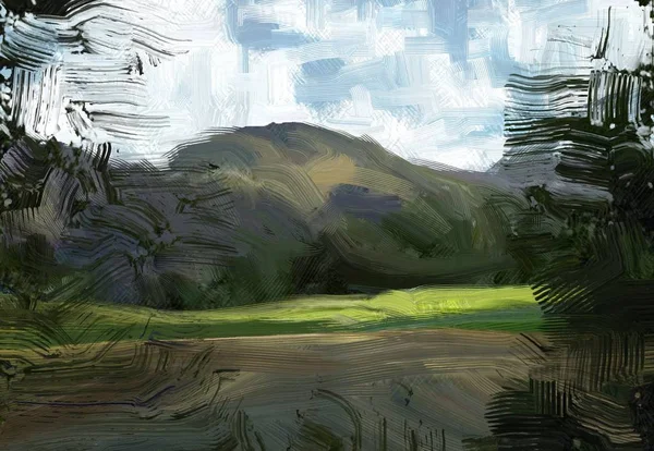 Colorato Campo Campagna Verde Erba Ora Legale Illustrazione Pittura Olio — Foto Stock