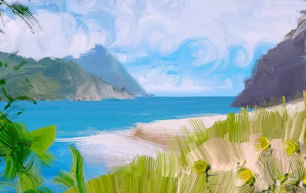 Desenho Paisagem Marinha Com Guache Tintas Acrílicas — Fotografia de Stock