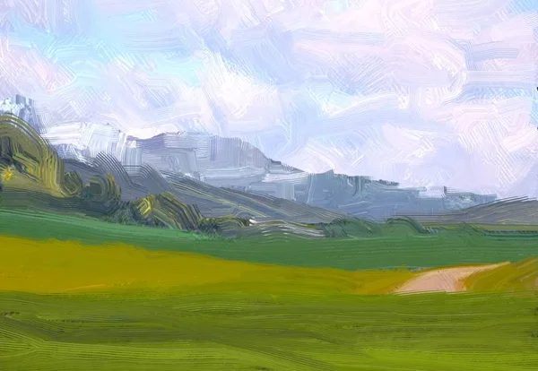 Illustrazione Pittura Olio Arte Paesaggistica Regione Rurale Montagna Campo Verde — Foto Stock