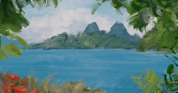 Dibujo Paisaje Marino Con Gouache Pinturas Acrílicas — Foto de Stock